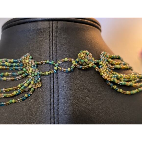Hand Made Green Blue Seed Bead Collar Necklace - Picture 4 of 5